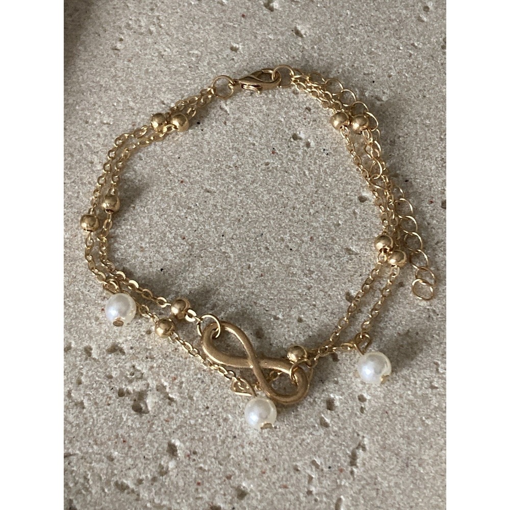 Gold Tone Infinity Faux‎ Pearl Multi Strand Bracelet Adjustable Romantic Dainty